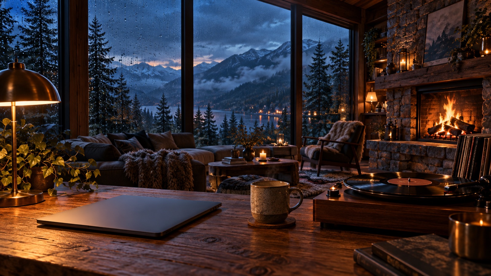 AI-generated rainy cabin with a glowing fireplace and a closed laptop