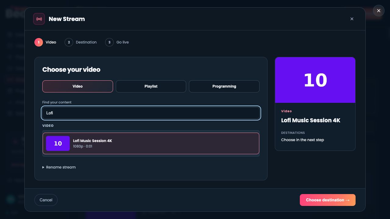 Beamd New Stream wizard with Video selected and an example library item chosen