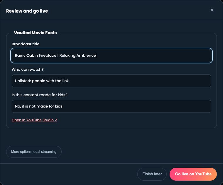 Beamd Review and go live dialog with a rainy cabin title, unlisted visibility and Go live on YouTube button